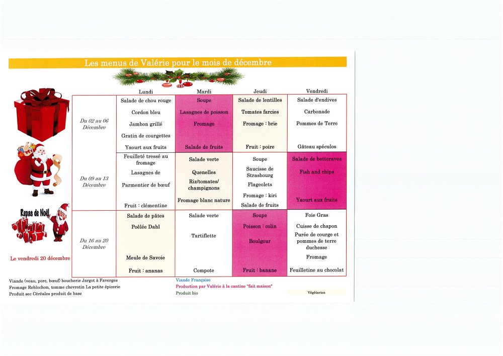 Menus de la cantine : décembre 2024.