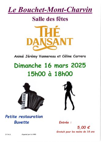 Dimanche 16 mars 2025, de 15h à 18h : Thé dansant à la salle des fêtes du Bouchet-Mont-Charvin - Organisé par le CABS.