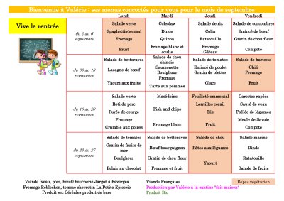 Menus de la cantine : septembre 2024